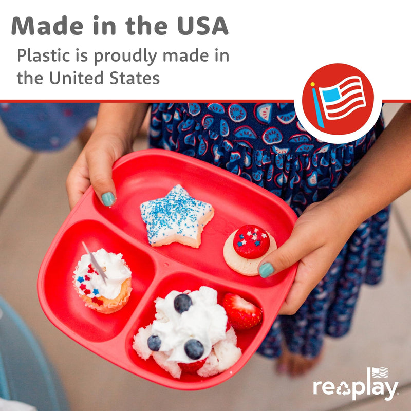 [Australia] - Re-Play Toddler Plates with Dividers - Deep-Walled 3 Compartments Divided Plates for Kids - Dishwasher & Microwave Safe - Made in USA - Set of 3-7.37" x 7.37" x 1.25" - A True Blue Without Lid 