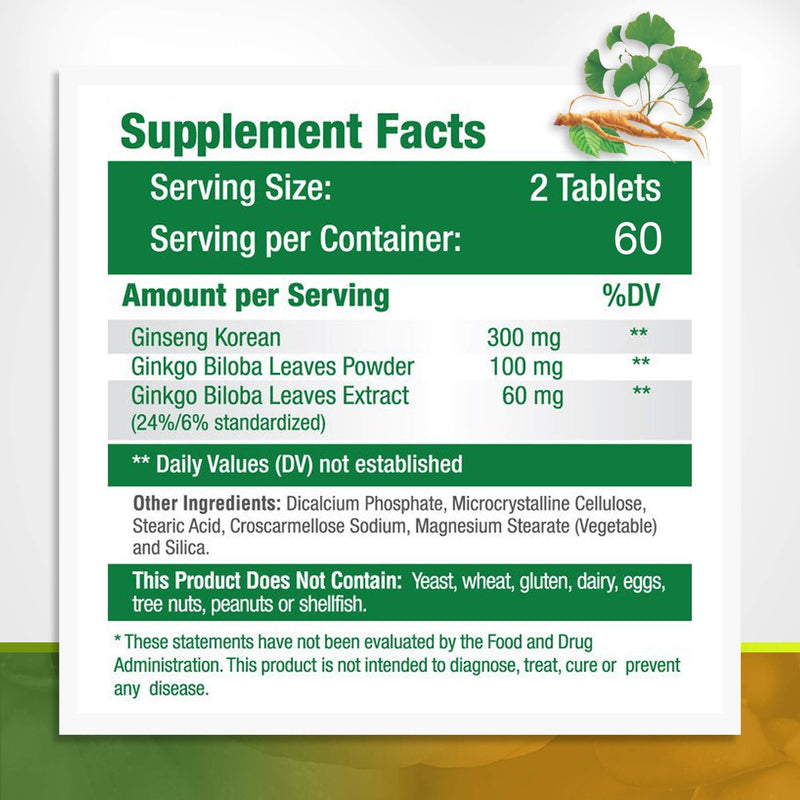 [Australia] - Panax Ginseng + Ginkgo Biloba Tablets - Premium Non-GMO/Veggie Superfood - Traditional Energy Booster and Brain Sharpener (120 Tablets) 120 Count (Pack of 1) 