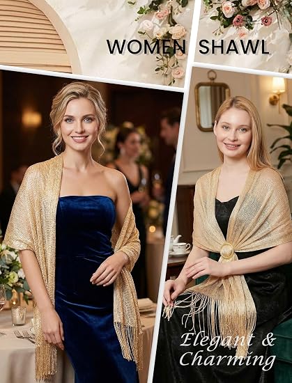 MissShorthair Women's Sparkle Shawls and Wraps for Party Dresses 1* Metallic Champagne Gold