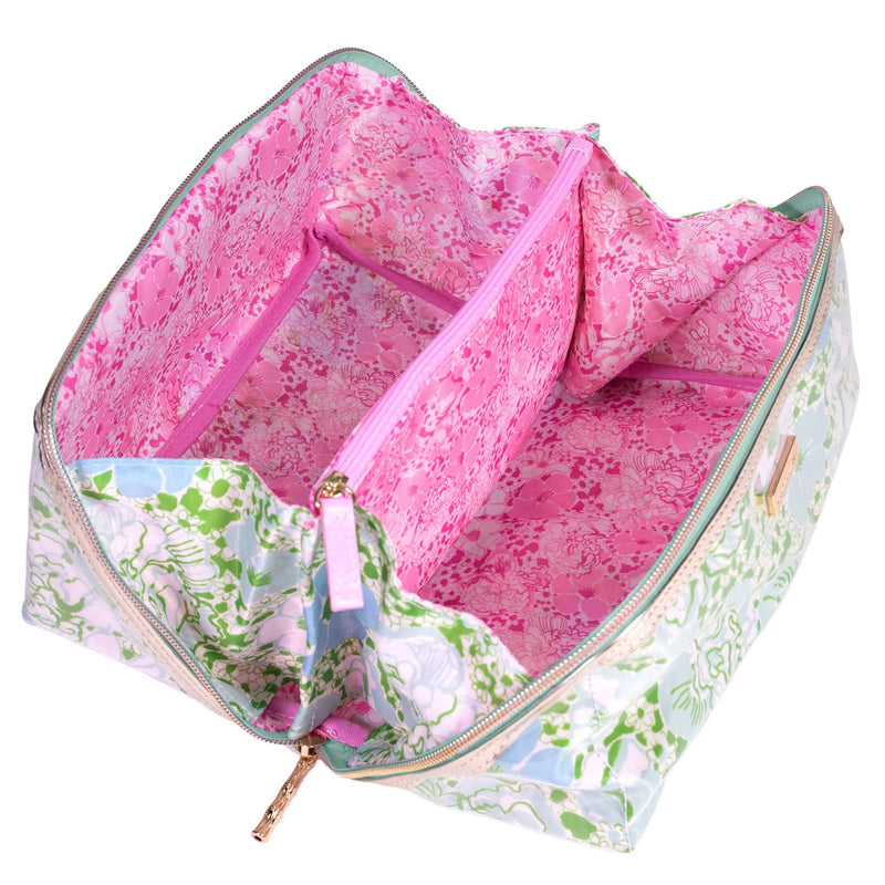 Lilly Pulitzer Carryall Cosmetic Case, Mint Condition Burst of Joy | Vinyl Zipper Toiletry Case with Top Handle, Wide Opening, and Interior Organization Pockets