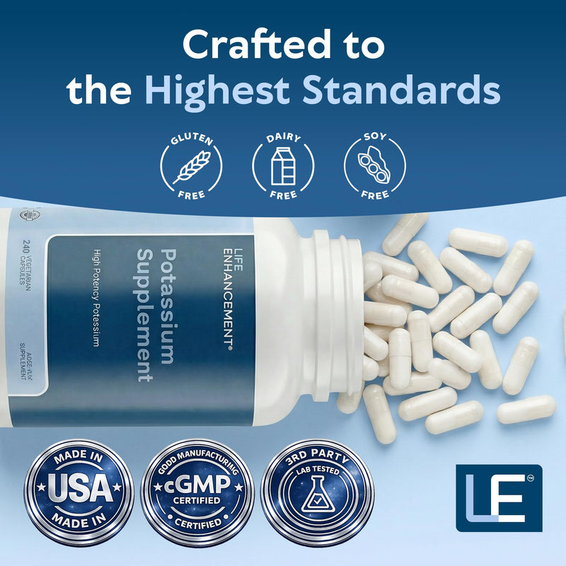 Life Enhancement High Potency 1020 mg Potassium Supplement for Muscle, Brain & Bone Health - No Additives High Absorption Elemental Potassium Supplement, Made in USA (240 Capsules – 120 Servings) 240 Capsules