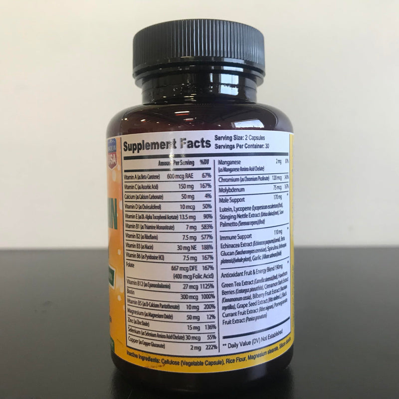 Men's Multivitamin Supplement for Energy, Focus and Performance. Mens Vitamins A, C, D, E & B12, Zinc, Calcium, Magnesium & More. Multi Vitamin 60 Capsules Made in The USA Men