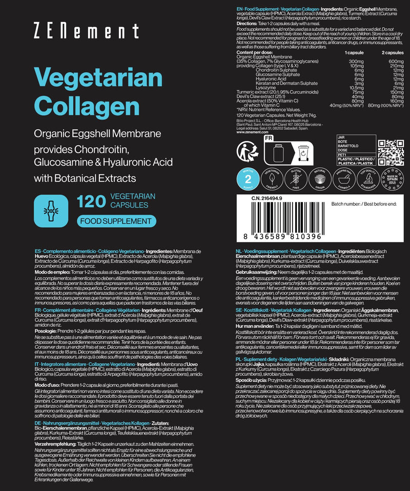 Vegetarian Collagen from Organic Eggshell Membrane – Natural Source of Glucosamine, Hyaluronic Acid and Chondroitin, with Botanical Extracts – for Joints and Skin – 120 Vegetarian Capsules