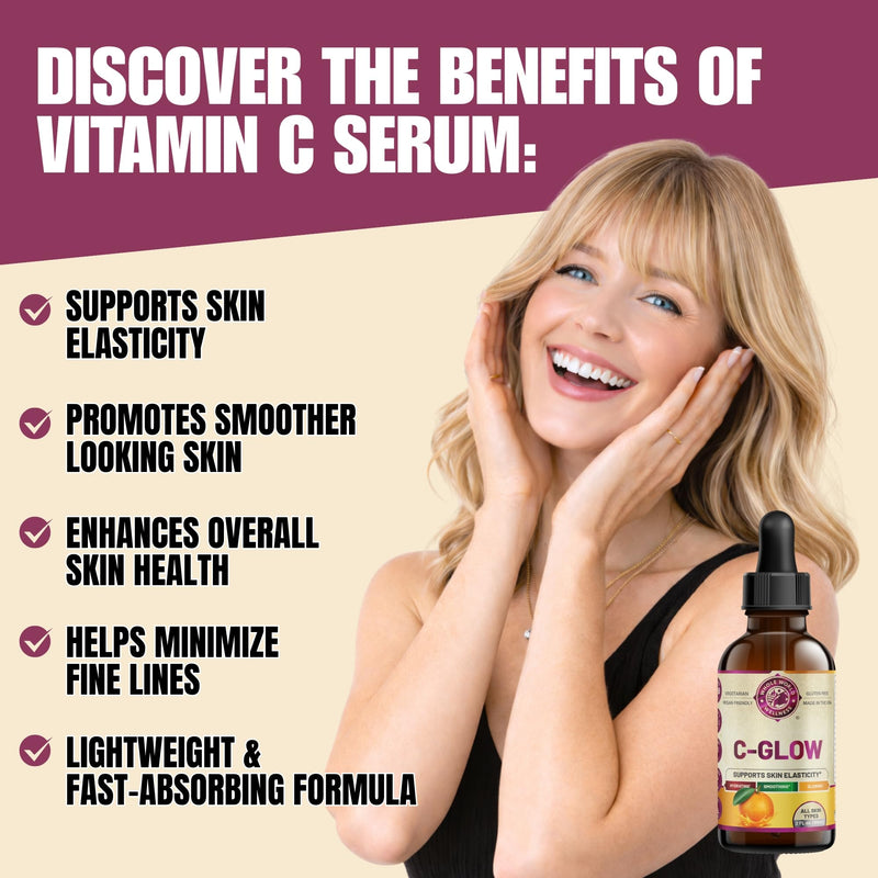 C Glow Vitamin C Liquid Serum | Supports Skin Elasticity & Hydration | Ascorbic Acid, Dandelion Extract, Vitamin E | Gluten Free, Vegan Friendly, Soy Free | Made in the USA.