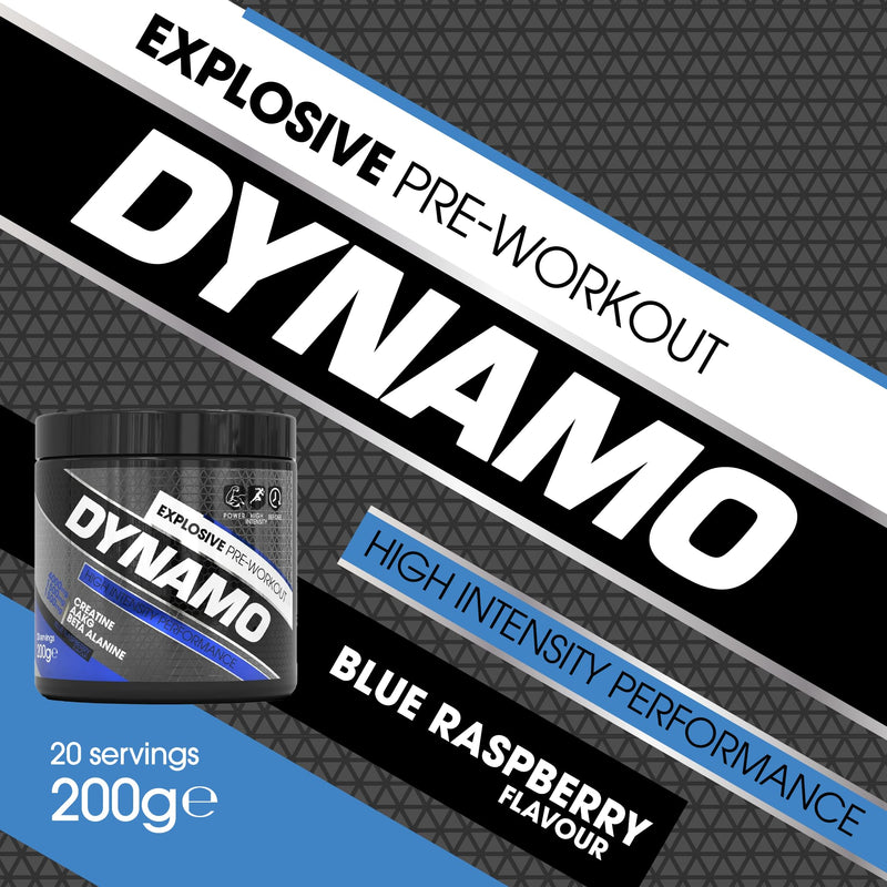 Protein Dynamix - Dynamo Pre Workout - High Intensity Performance - Blue Raspberry - 3000mg Citrulline + AAKG • 2500mg Beta Alanine • 2000mg Creatine • 250mg Caffeine • 200g (Pack of 2) 20 Servings (Pack of 2)