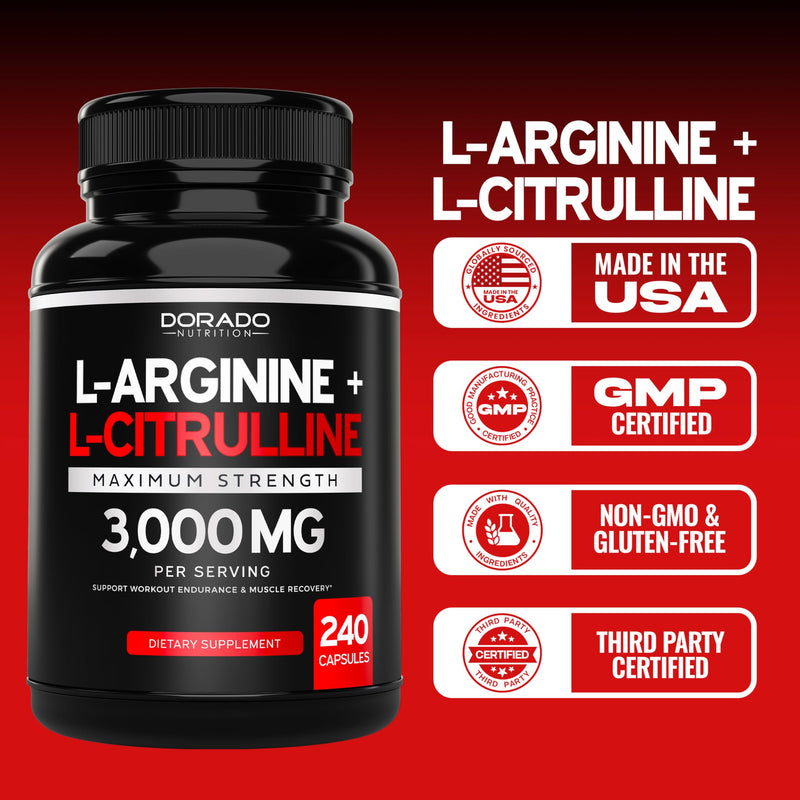 [Australia] - L Arginine L Citrulline Supplement 3000mg (240 Capsules) Nitric Oxide Pills for Men - Stamina, Endurance, Performance for Workouts - NO Supplements for Men - Gluten Free, Non-GMO, Vegan Capsules 