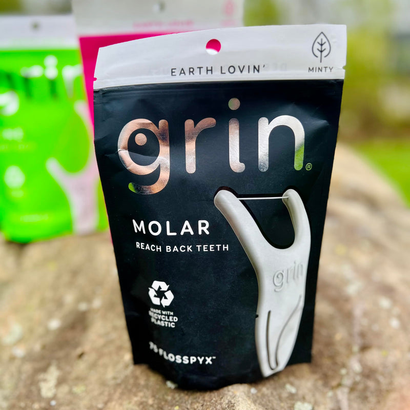 [Australia] - GRIN Molar Flosspyx, Floss Picks, 75 Count, Dental Flossers, Minty Flavor, Recycled Plastic, Great for Reaching Back Teeth, Slide Easily Between Teeth, Includes Safe Soft Fold-Back Tooth Pick 75 Foot (Pack of 1) 