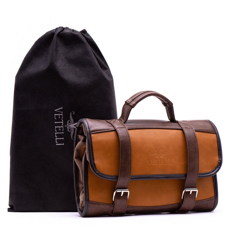 Leather Toiletry Bag for Men - Water Resistant, 2 Zippered Internal Pockets, 2 Snap-Fastened Internal Pockets, and Hanging Hook. Brown