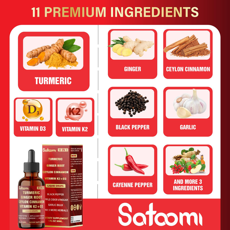 11in1 Liquid Turmeric Supplement for Immunity, Heart & Energy – with Vitamin D3, K2 MK7, Ginger, Garlic, Ceylon Cinnamon, Berberine, Ginseng, Apple Cider Vinegar – 30ml Drops – 60 Servings