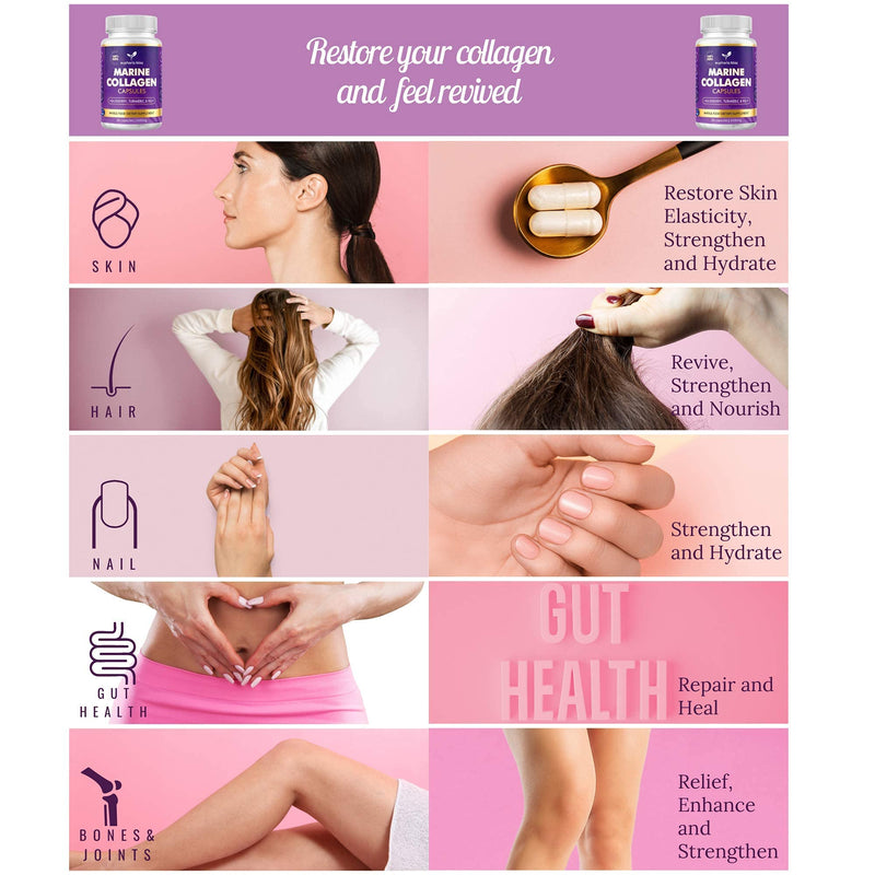 High Strength Marine Collagen Tablets - Skin, Hair, Nails & Joints - Fortified with Hyaluronic Acid, Blueberry, Biotin, Vitamin C, E, B2, B7 & Minerals - 1400MG - Type 1 90 Capsules 90 count (Pack of 1)