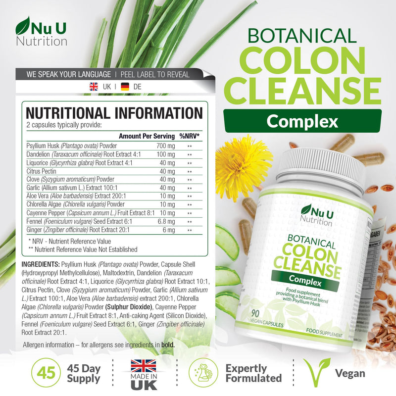 Colon Cleanse Detox Complex - 90 Vegan Capsules - 11 Prebiotic, Fibre & Herbal Ingredients - Psyllium Husk, Aloe, Dandelion & More - Made in the UK - Nu U Nutrition