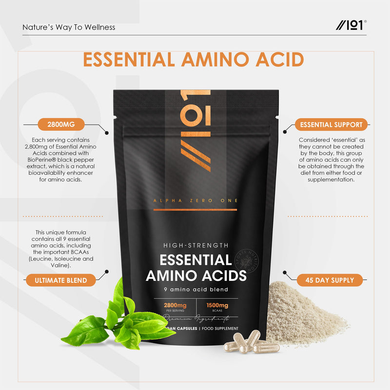 Essential Amino Acids 2800mg with BioPerine® – 180 Vegan Capsules – All 9 EAA Amino Acids with All 3 BCAA's Plus 6 More EAAs to Build and Repair Muscle - by Alpha01 1 count (Pack of 180)