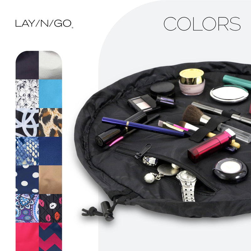 Lay-n-Go Cosmo Drawstring Cosmetic Pouch 20" Makeup Bag Organizer & Nail Spa 18" Acrylic Nail Polish Holder Toiletry Bag for Travel, Gift Bundle, Black & Red