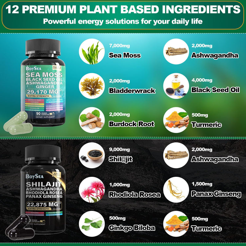 [Australia] - Boysea.Sea Moss and shilajit Bundle - 90 Count - Sea Moss 7000mg, Black Seed Oil 4000mg, Ashwagandha 2000mg, Ginger & Shilajit 9000mg, Rhodiola Rosea 1000mg, All in 1 Supplements (1 Pack) 90 Count (Pack of 2) 
