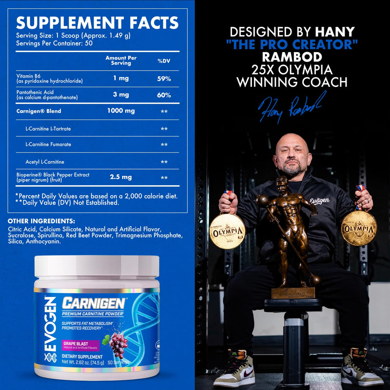 [Australia] - Evogen Carnigen - Premium Carnitine Powder | Supports Fat Metabolism & Promotes Recovery | Stimulant-Free L Carnitine Supplement Matrix with Acetyl L-Carnitine | Grape | 50 Servings 