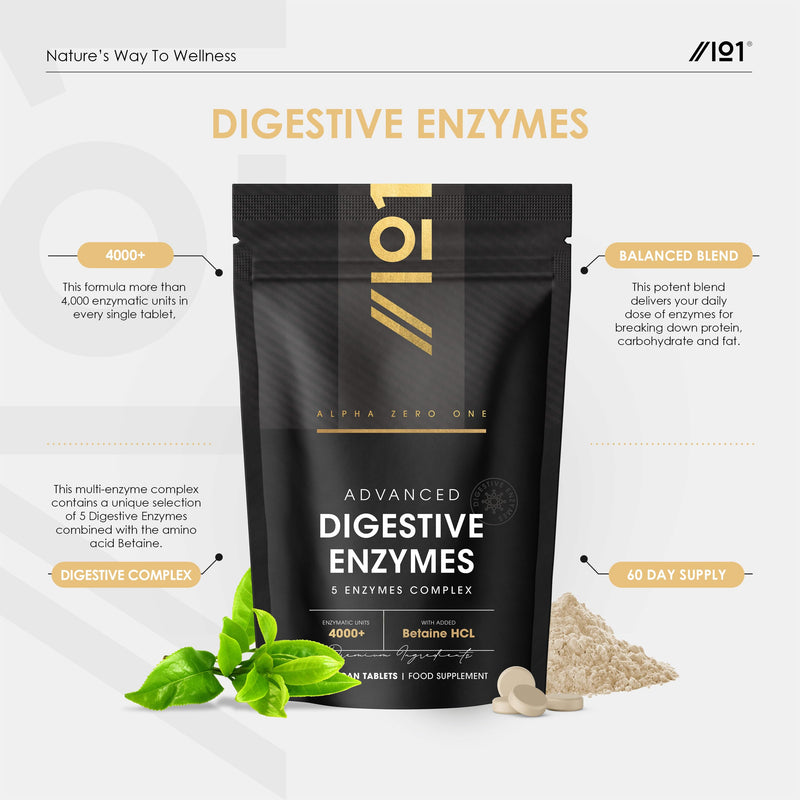 Digestive Enzyme Complex 4000 U with Betaine HCL – 60 Vegan Tablets – Potent 5 Figestive Enzymes Complex – Resealable and Recyclable Pouch by Alpha01