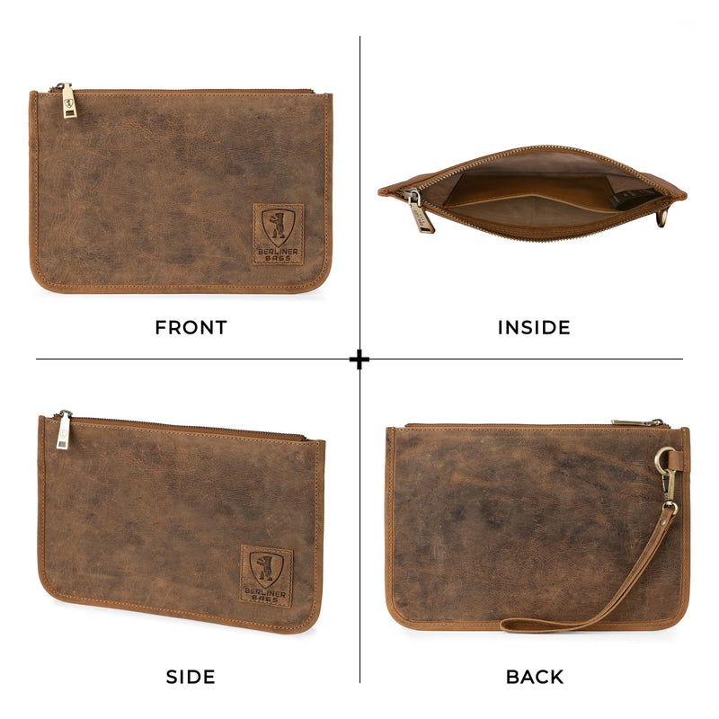BERLINER BAGS Vintage Genuine Leather Padfolio For Men Theo XL - Brown | Leather Folder Portfolio, Compact Document Sleeve, Fits Slim Documents & Essentials Walnut XL