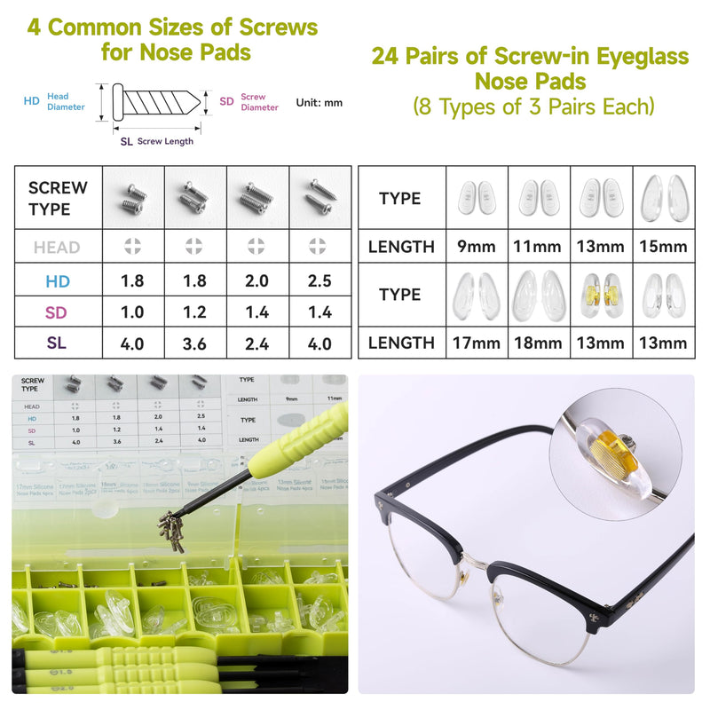 [Australia] - Eyeglass Nose Pads Replacement, 24 Pairs of Screw-in Glasses Nose Pads with Precision Screwdriver Set, Magnetic Eyeglass Repair Kit with Screws, Curved Tweezer for Travel, Birthday Gift, Christmas 