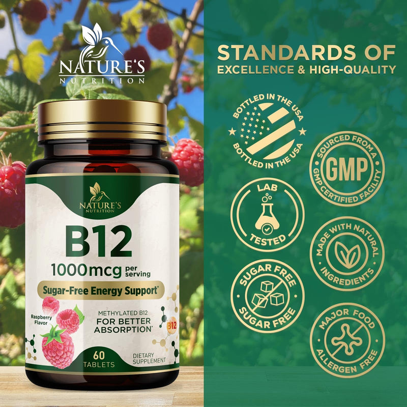 Vitamin B12 - 1000 mcg Per Serving Maximum Strength Methylcobalamin B-12 Chewable Tablet - Energy, Nervous System & Brain Support - Fast Dissolve, Gluten-Free, Non-GMO for Women & Men - 60 Tablets 60 Count (Pack of 1)