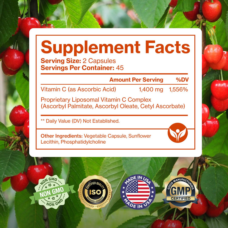 Pure Liposomal Vitamin C 1400mg, High Absorption Capsules, 90 Count | High absorption ascorbic acid supports immunity, energy & collagen; gentle on the stomach 1