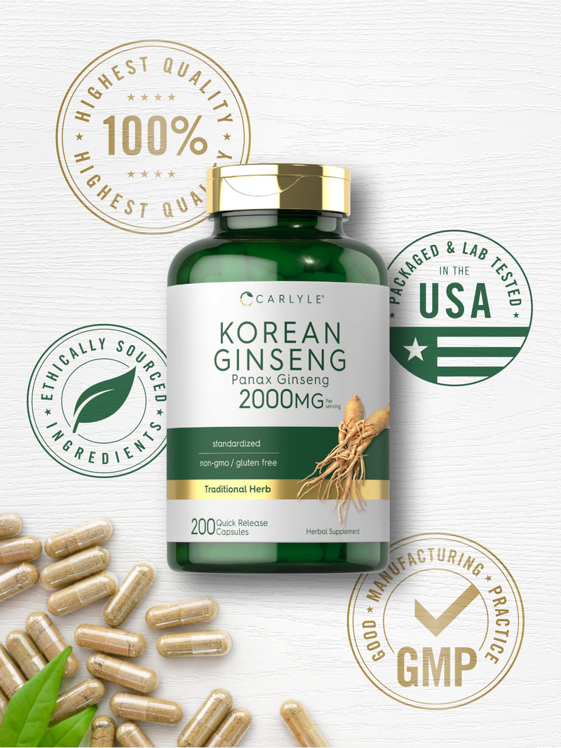 Carlyle Korean Ginseng Extract Capsules 2000 mg | 200 Capsules | Non-GMO and Gluten Free Formula | Standardized Panax Ginseng Supplement 200 Count (Pack of 1)