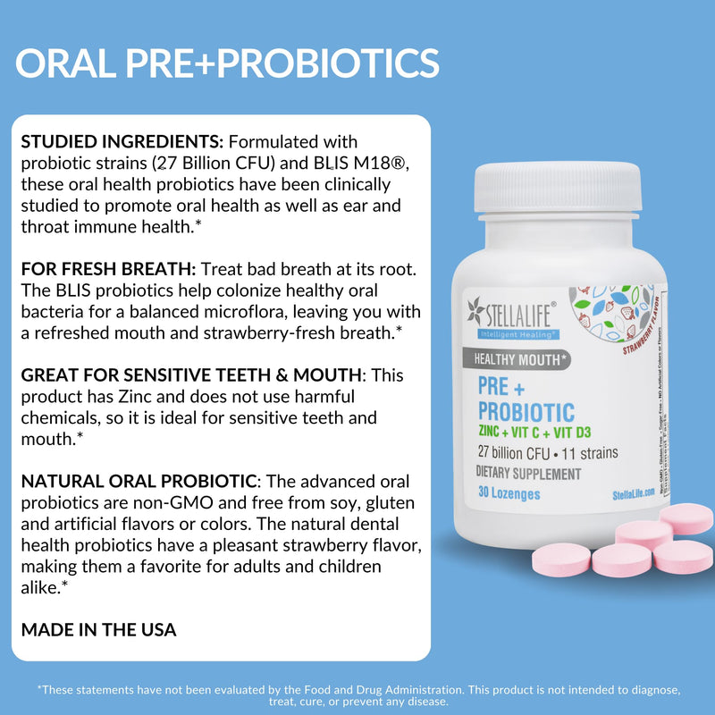 StellaLife Oral Prebiotic & Probiotic Lozenges for Teeth and Gums – 27B CFU, 11 Strains, Dental Probiotic for Bad Breath, Immune Support with VIT C, D3 & Zinc (Strawberry Flavor) 30 Day 30 Count (Pack of 1)