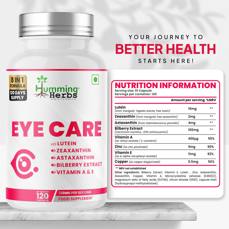 Humming Herbs Eye Care | Lutein Zeaxanthin Astaxanthin Bilberry | with Vitamin A E Zinc Copper | 120 Vegan Capsules | 120 Day Supply