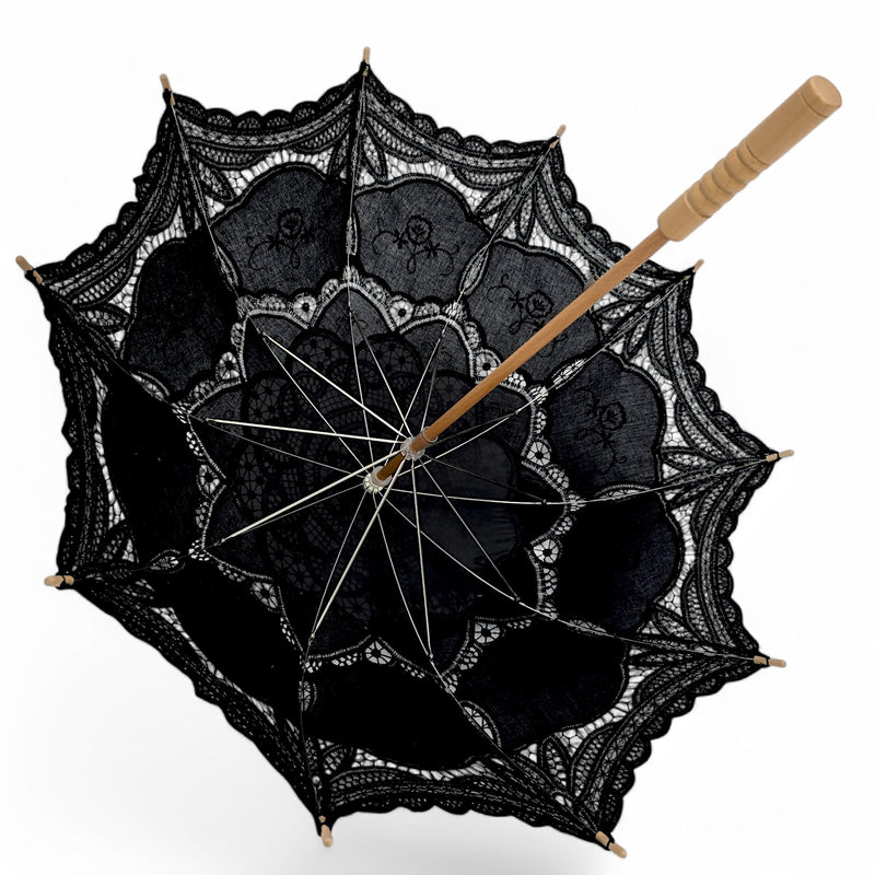Black Lace Hand Sewn Parasol With Wood Handle