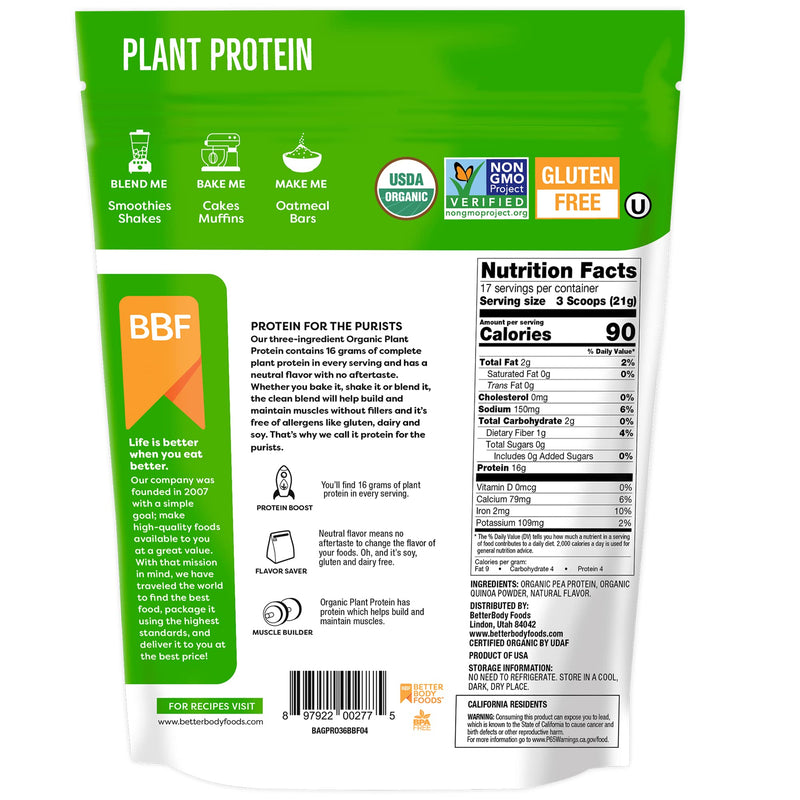 [Australia] - BetterBody Foods Organic Plant Based Protein Powder, - 16g of Protein, Vegan, Low Net Carbs, Gluten Free, Dairy Free, No Sugar Added, Soy Free, Non-GMO, 12.7 Ounces 