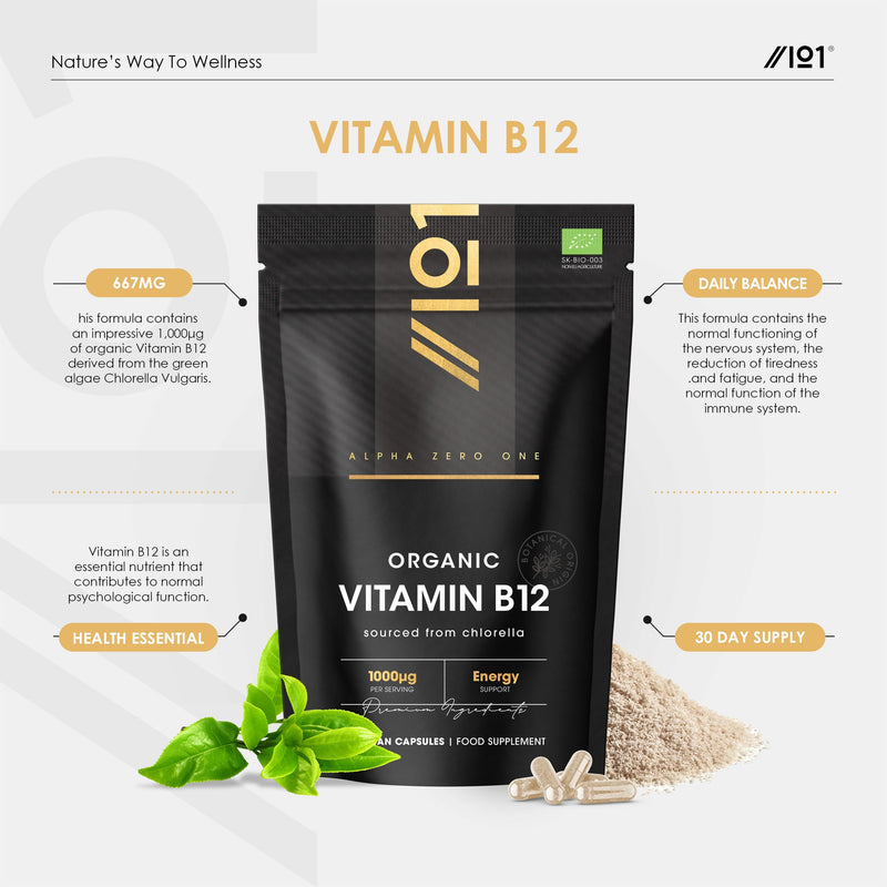 Organic Vitamin B12 1000mcg - Sourced from Chlorella – 60 Vegan Capsules – Contributes to Normal Functioning of the Nervous System - By Alpha01