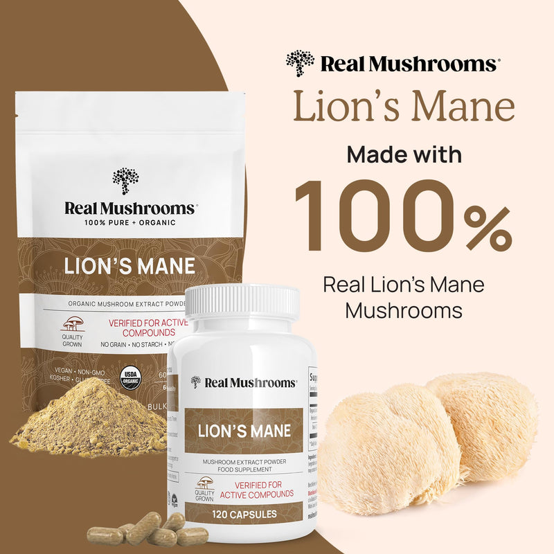 Real Mushrooms Lion’s Mane Powder - Organic Lions Mane Mushroom Extract for Cognitive Function & Immune Support - Brain Supplements for Memory and Focus - Vegan Mushroom Supplement, 60 Servings Lions Mane Powder 60 g (Pack of 1)