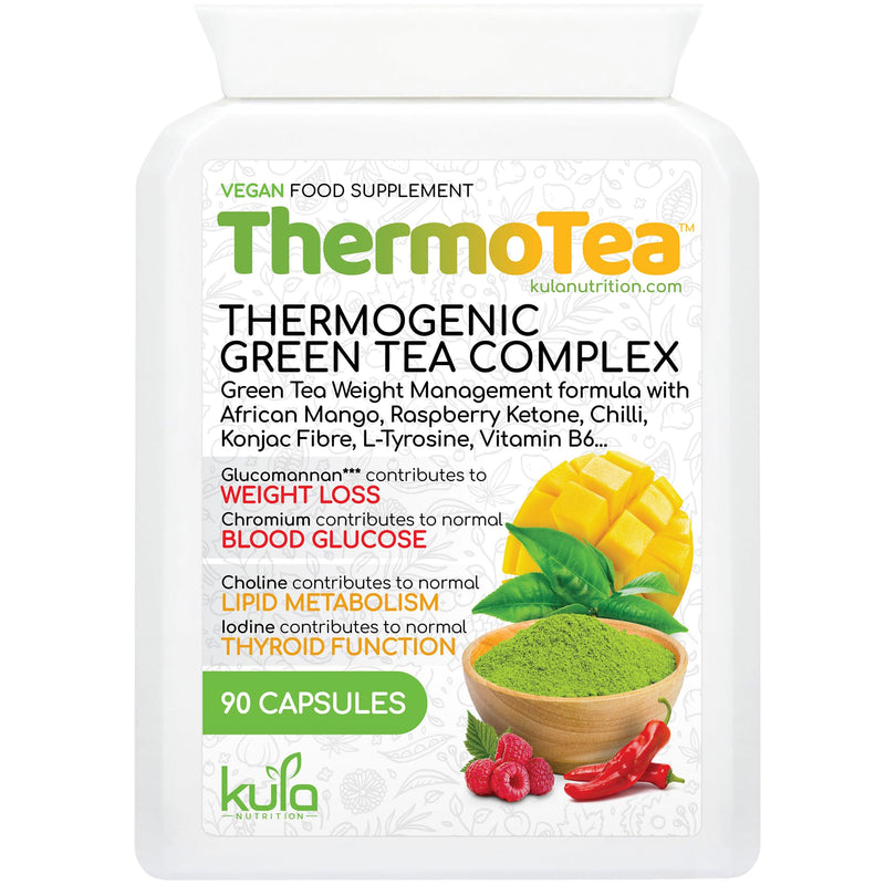 ThermoTea - Thermogenic Green Tea Complex for Weight Management with Glucomannan Konjac Soluble Fibre, Raspberry Ketones, African Mango, Chilli, L-Tyrosine, Vitamin B6 and Chromium - 90 Vegan Capsules