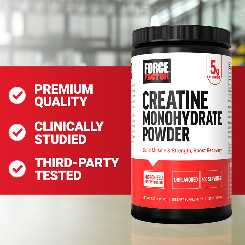 [Australia] - Force Factor Creatine Monohydrate Powder, 5g Micronized Dose to Support Muscle Growth, Strength, Recovery, Cognitive Health & Memory, Unflavored, 100 Servings 1.1 Pound (Pack of 1) 