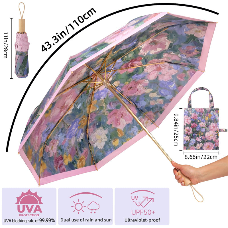 Elegant Double Layer Classical Floral Oil Painting Folding Umbrella for Women Windproof Rain & Sun UV Protection Parasol with Cover Blush of the Rose Briar