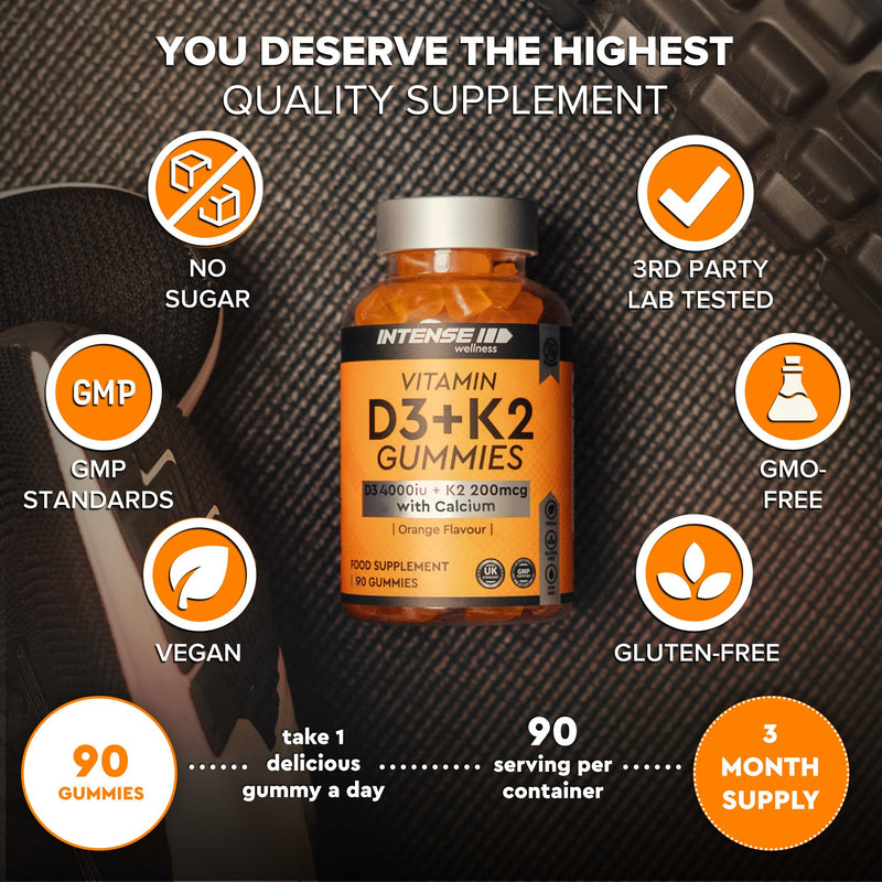 High Strength 90 Vitamin D3 4000 IU Gummies with K2 & Calcium - Sugar Free Orange Chewable for Strong Bones, Teeth & Immune Health - Non-GMO Vegan Gluten-Free - Vitamins D Food Supplement 90 count (Pack of 1)