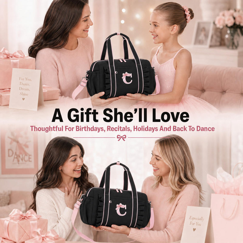 LEDAOU Dance Bag for Girls, Initial Ballet Duffle, Travel and Overnight Bag | 13-inch personalized dance duffle with 2 compartments, wet-dry pocket and adjustable strap for travel, overnights and gifts. Black Initial C