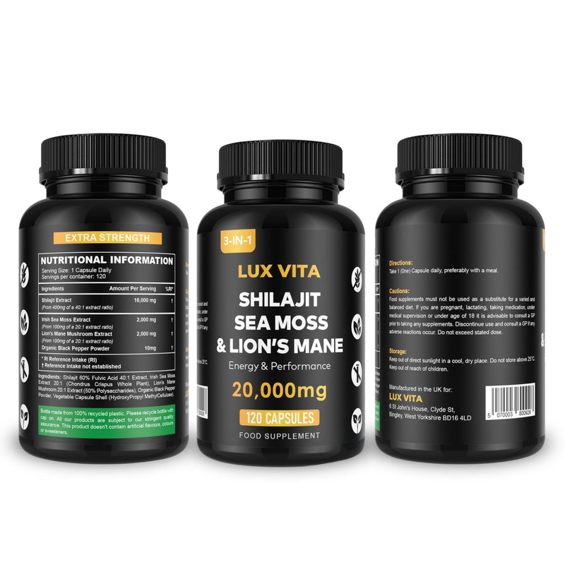 Shilajit with Sea Moss & Lion’s Mane Capsules – 3-in-1 | 4 Month Supply | Herbal Energy, Brain Focus, Daily Mineral & Vitality Supplement – Vegan High Strength Formula | Lux Vita