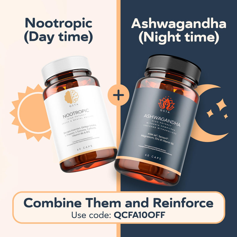 Ashwagandha KSM 66 + Sensoril (15-20% Withanolides) Cortisol Reducing Supplements for Deep Sleep, Energy, Concentration and Stress Relief. 2 Month Supply Ashwagandha High Strength KSM 66 Capsules Ashwa QSTA