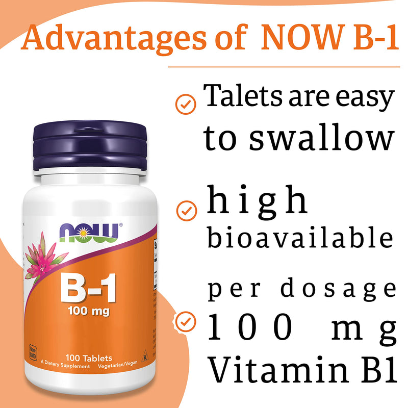 Now Foods, B-1, 100mg, 100 Vegan Tablets, Lab-Tested, Vitamin B1, Thiamine, Gluten Free, Soy Free, Vegetarian