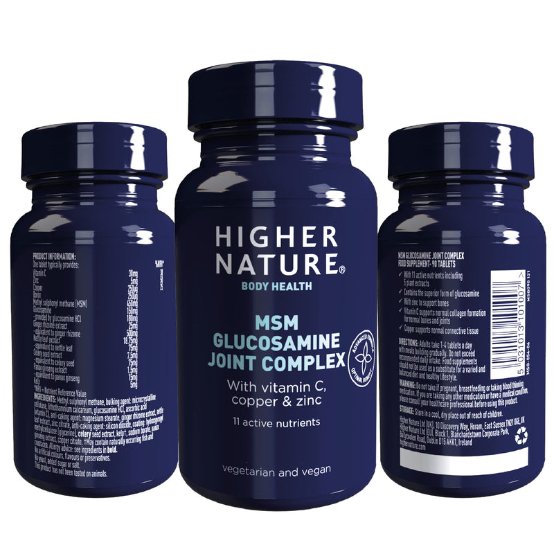 Higher Nature - MSM Glucosamine Joint Complex - Vitamin C, Copper, Zinc & Botanical Complex Tablets for Women & Men - Vegetarian & Vegan - 90 Tablets 90 count (Pack of 1)