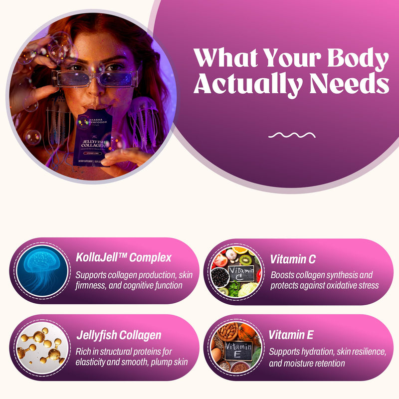 Akasha Superfoods Liposomal Jellyfish Collagen, Lychee Lime, 15 Packets | Type I, II & V Collagen Peptides, All 20 Amino Acids; Supports Skin Firmness, Memory & Focus; Single-Serve