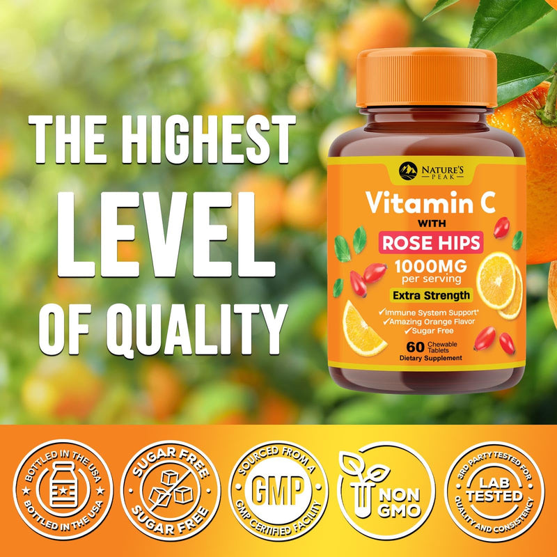 Vitamin C 1000mg Per Serving - Extra Strength Daily Immune Support with Rose Hips Chewable Supplement - Sugar Free Tasty Orange Flavor - Antioxidant & Collagen Support - USA Bottled - 60 Tablets 60 Count (Pack of 1)