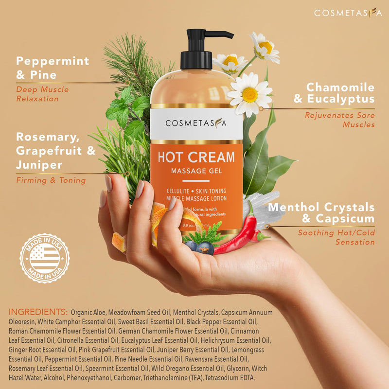 [Australia] - Cosmetasa Hot Cream Massage Gel - Natural and 87% Organic Cellulite Cream - Multi Use, Skin Toning Cream, Soothes Aches, for Sore Joints and Muscle - 8.8 Oz 8.8 Ounce (Pack of 1) 