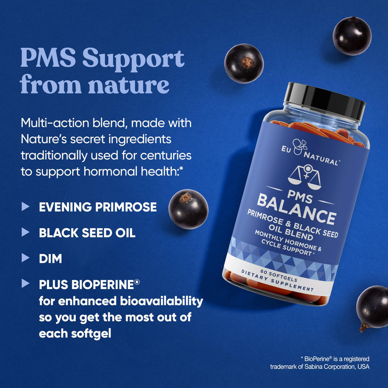 [Australia] - Balance PMS Vitamins for Women - Hormone Balance for Women, Menstrual & PMS Relief - Bloating, Cramping, Mood Swings, Restlessness, Clear Skin - Primrose Oil, Black Seed Oil & DIM - 60 Liquid Softgels 