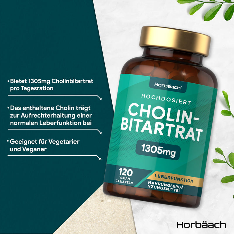 [Australia] - Choline high dose 1305mg | 652mg per piece | 120 Pure Choline Bitartrate Tablets | Liver function | Vegan | Choline bitrate | by Horbaach 