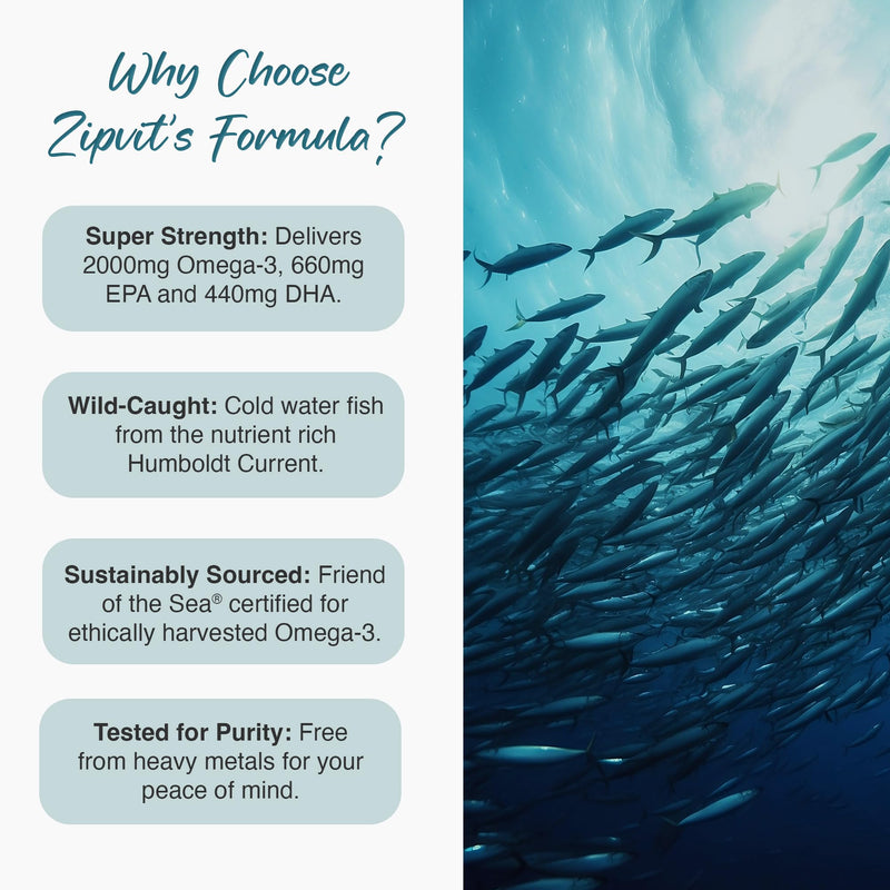 Zipvit Omega 3 Fish Oil 2000mg, EPA 660mg DHA 440mg, Wild-Caught, Cold Water Fish, Supports Heart, Brain & Vision, 120 Softgels, 2 Months Supply, Eco-Friendly Pouch Eco-Friendly Pouch 120 Softgel Capsules