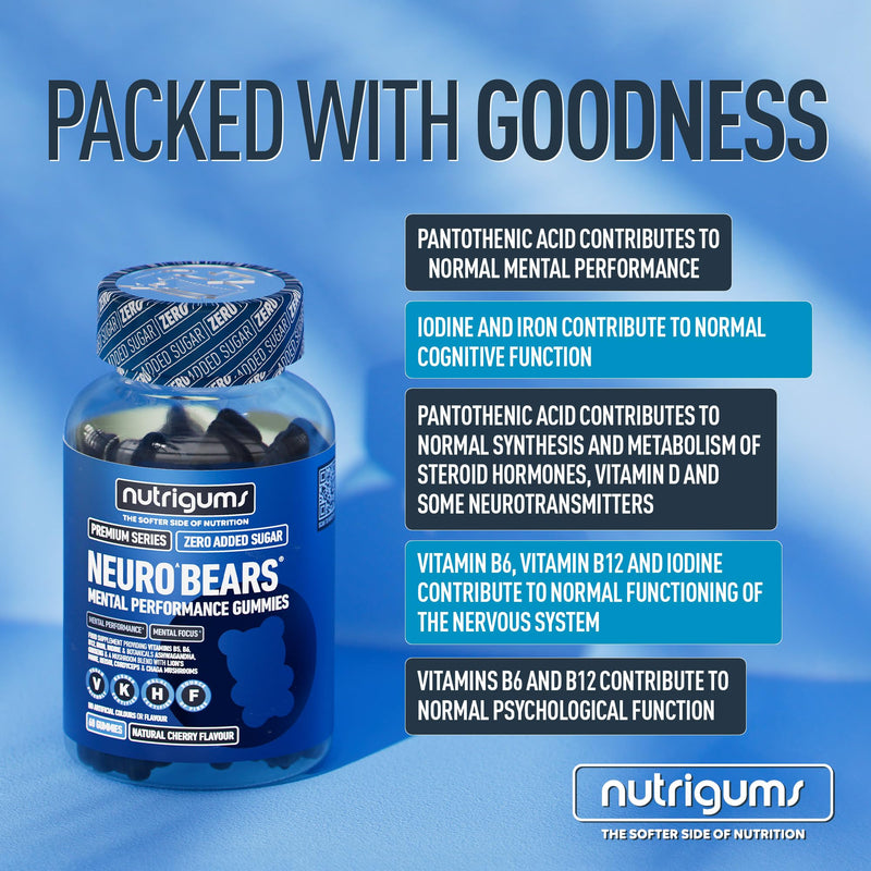 Cognitive Performance Gummies | Ashwagandha, Ginseng, Lions’ Mane | Reishi, Chaga & Cordyceps Mushrooms + B5, B6, B12, Iron, Iodine | No Added Sugar | Cherry Flavour | 60 Vegan Gummies | Neuro Bears®