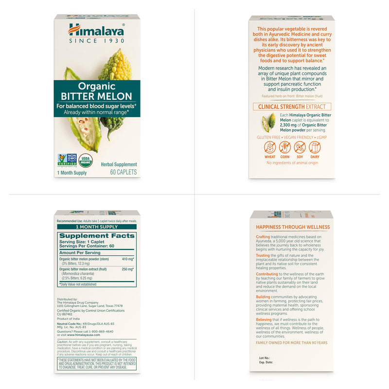 [Australia] - Himalaya Organic Bitter Melon - Herbal Glucose Metabolism Support - USDA Organic, Non-GMO, Vegan, Gluten Free, Additive Free, 660 mg, 60 Caplets 60 Count (Pack of 1) 