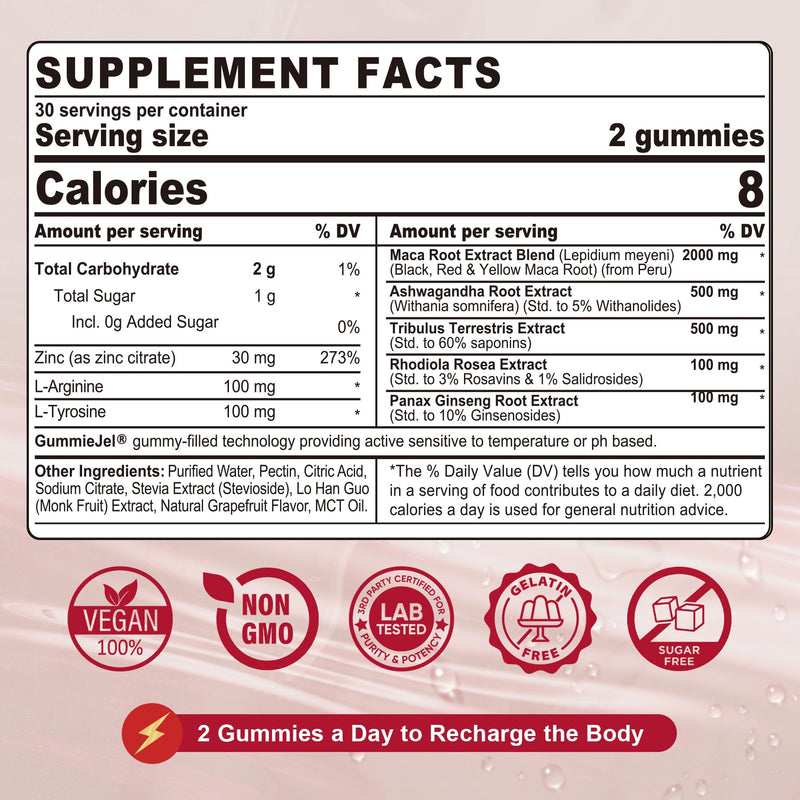 [Australia] - 2 Pack Sugar Free Maca Root Gummies 2000mg with Ashwagandha, Tribulus Terrestris, Rhodiola, Panax Ginseng, L Arginine & L Tyrosine - Organic Black Red Yellow Maca Root for Women Men Energy Support 120 Count (Pack of 2) 