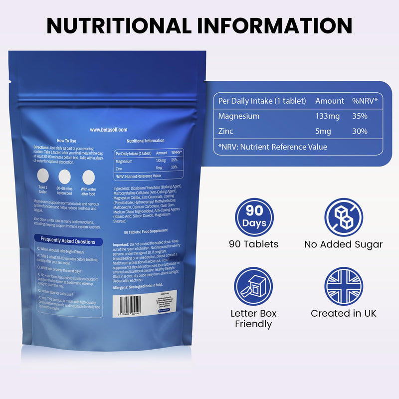 Magnesium & Zinc Tablets – 90 Tablets (3 Month Supply) – Magnesium Citrate & Zinc Gluconate – Supports Reduction of Tiredness & Fatigue – UK Made – BetaSelf